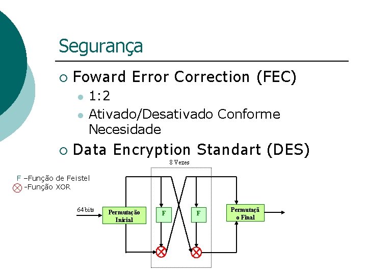 Segurança ¡ Foward Error Correction (FEC) l l ¡ 1: 2 Ativado/Desativado Conforme Necesidade