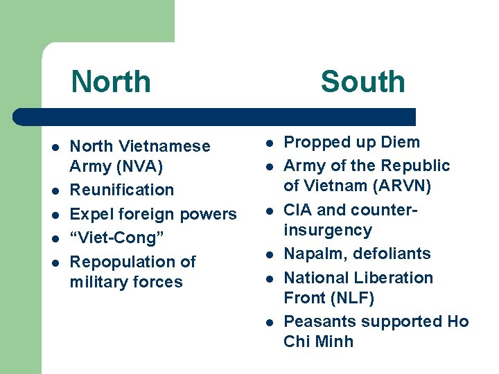 North l l l North Vietnamese Army (NVA) Reunification Expel foreign powers “Viet-Cong” Repopulation