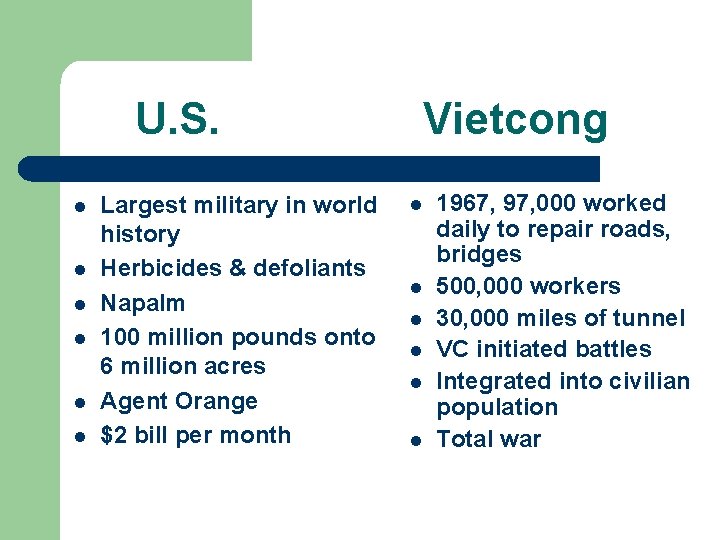 U. S. l l l Largest military in world history Herbicides & defoliants Napalm