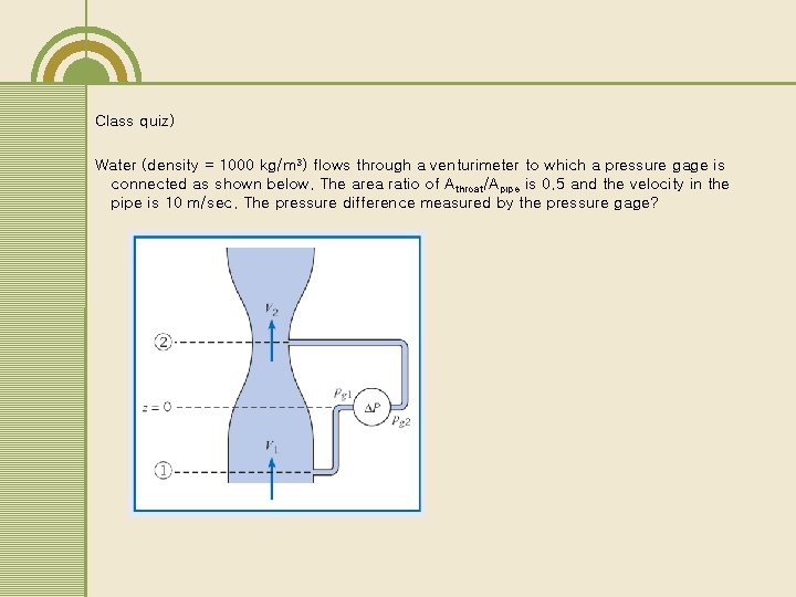Class quiz) Water (density = 1000 kg/m 3) flows through a venturimeter to which Class quiz) Water (density = 1000 kg/m 3) flows through a venturimeter to which