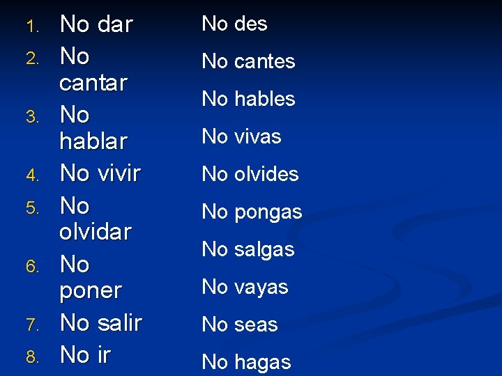 1. 2. 3. 4. 5. 6. 7. 8. No dar No cantar No hablar