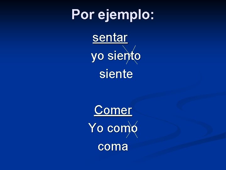 Por ejemplo: sentar yo siente Comer Yo coma 