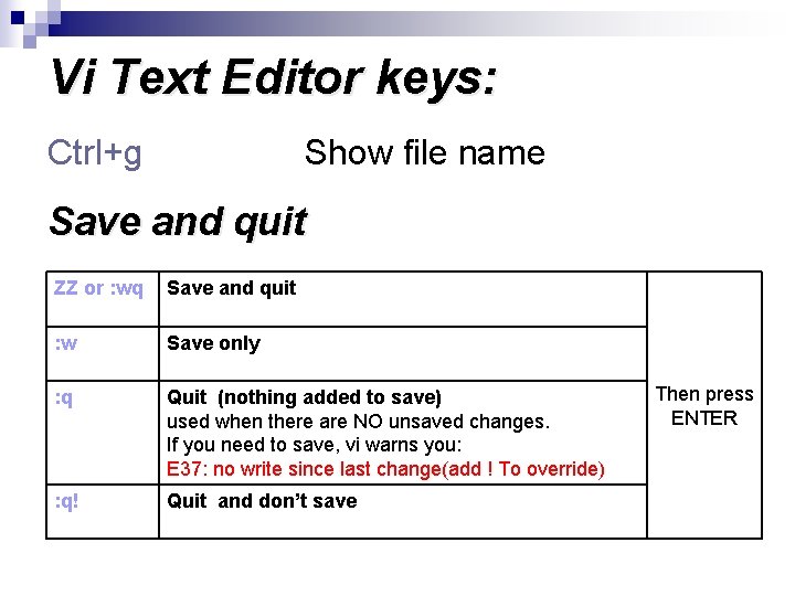 Vi Text Editor keys: Ctrl+g Show file name Save and quit ZZ or :