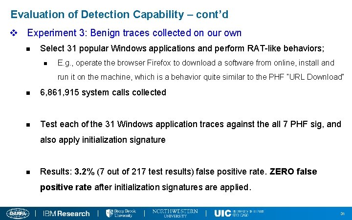 Evaluation of Detection Capability – cont’d v Experiment 3: Benign traces collected on our
