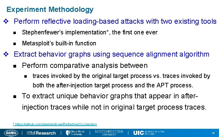 Experiment Methodology v Perform reflective loading-based attacks with two existing tools n Stephenfewer’s implementation*,