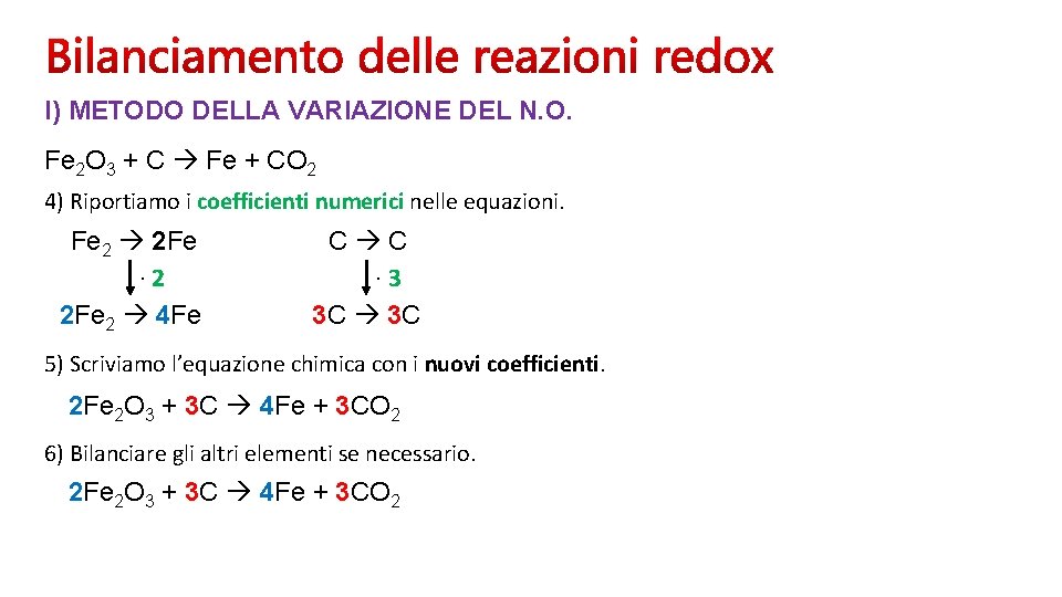 I) METODO DELLA VARIAZIONE DEL N. O. Fe 2 O 3 + C Fe