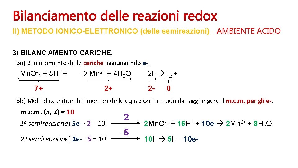 II) METODO IONICO-ELETTRONICO (delle semireazioni) AMBIENTE ACIDO 3) BILANCIAMENTO CARICHE. 3 a) Bilanciamento delle