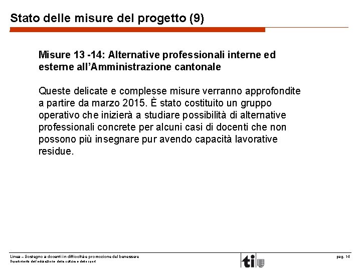 Stato delle misure del progetto (9) Misure 13 -14: Alternative professionali interne ed esterne
