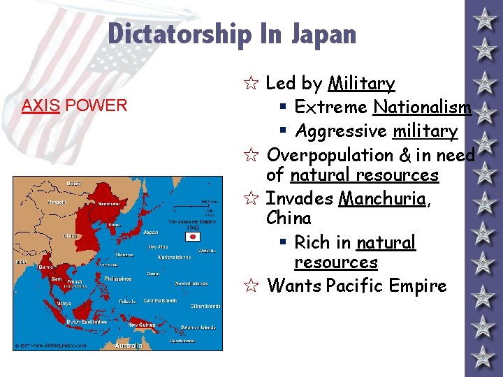 Dictatorship In Japan AXIS POWER 5 Led by Military § Extreme Nationalism § Aggressive