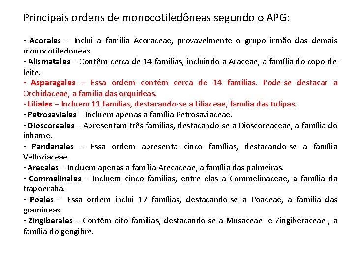 Principais ordens de monocotiledôneas segundo o APG: - Acorales – Inclui a família Acoraceae,