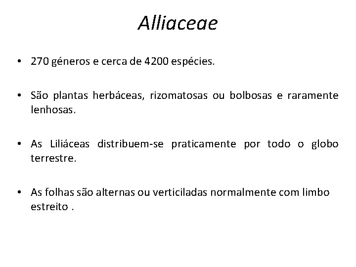 Alliaceae • 270 géneros e cerca de 4200 espécies. • São plantas herbáceas, rizomatosas