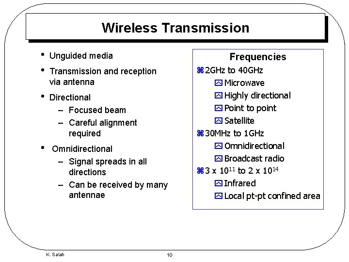 Wireless Transmission • • Unguided media • Directional – Focused beam – Careful alignment