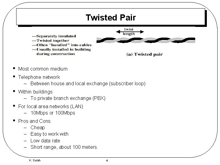 Twisted Pair • • Most common medium • Within buildings – To private branch