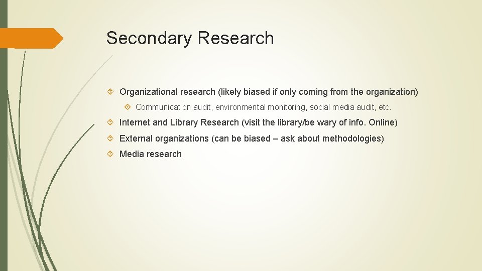Secondary Research Organizational research (likely biased if only coming from the organization) Communication audit,