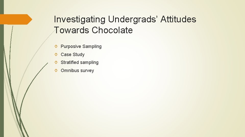 Investigating Undergrads’ Attitudes Towards Chocolate Purposive Sampling Case Study Stratified sampling Omnibus survey 