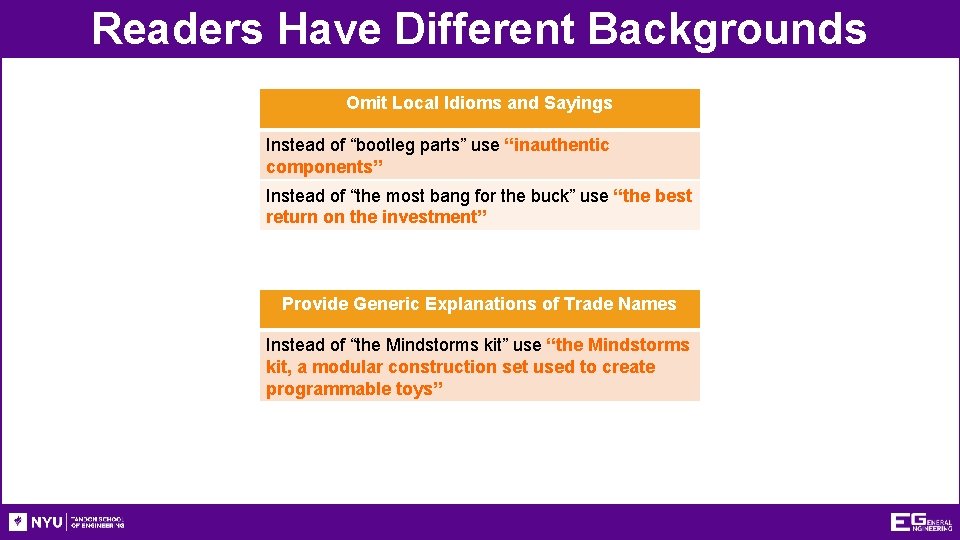 Readers Have Different Backgrounds Omit Local Idioms and Sayings Instead of “bootleg parts” use