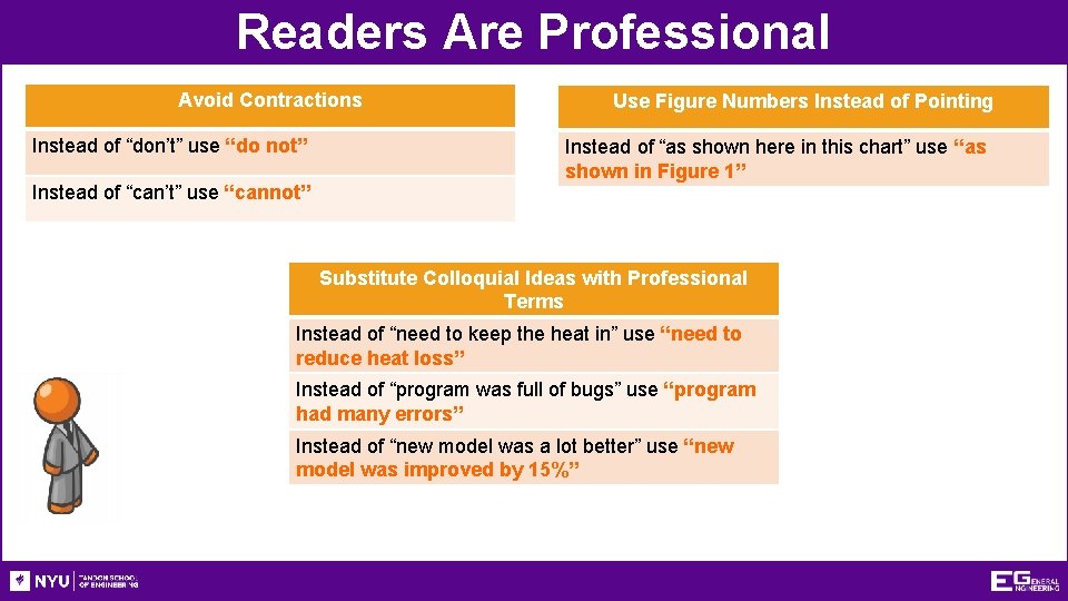 Readers Are Professional Avoid Contractions Instead of “don’t” use “do not” Instead of “can’t”