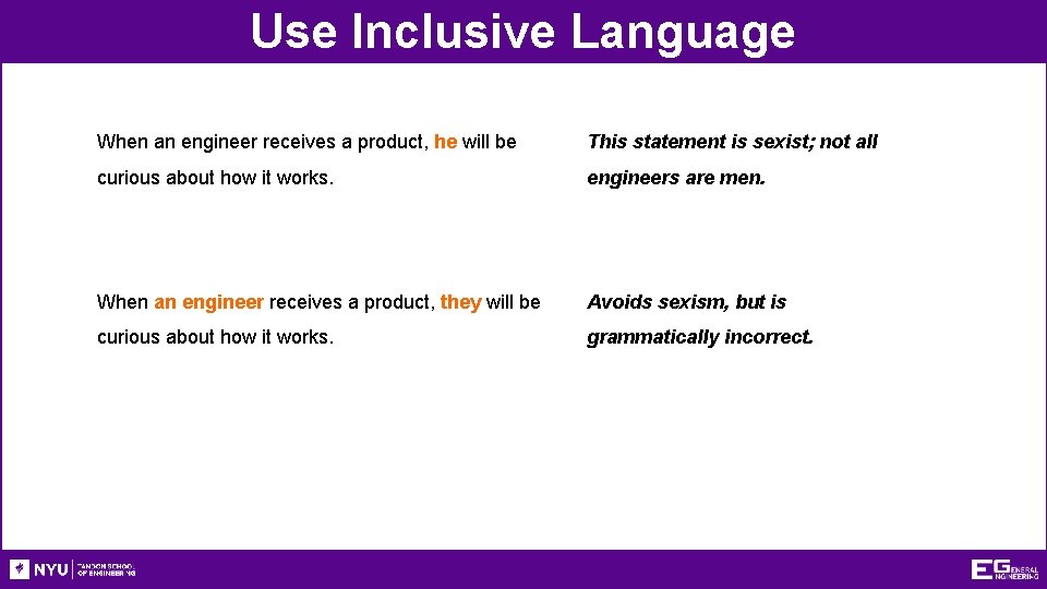 Use Inclusive Language When an engineer receives a product, he will be This statement