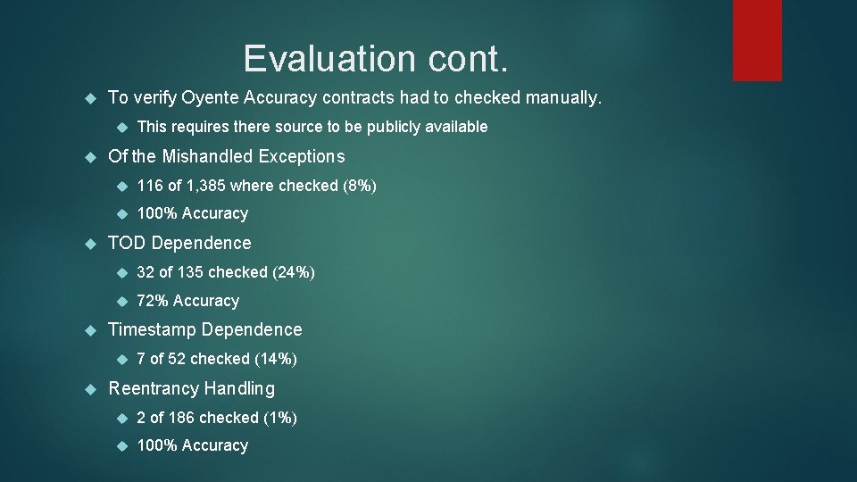 Evaluation cont. To verify Oyente Accuracy contracts had to checked manually. Of the Mishandled