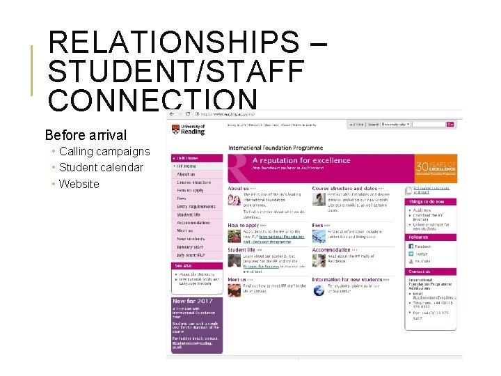 RELATIONSHIPS – STUDENT/STAFF CONNECTION Before arrival • Calling campaigns • Student calendar • Website