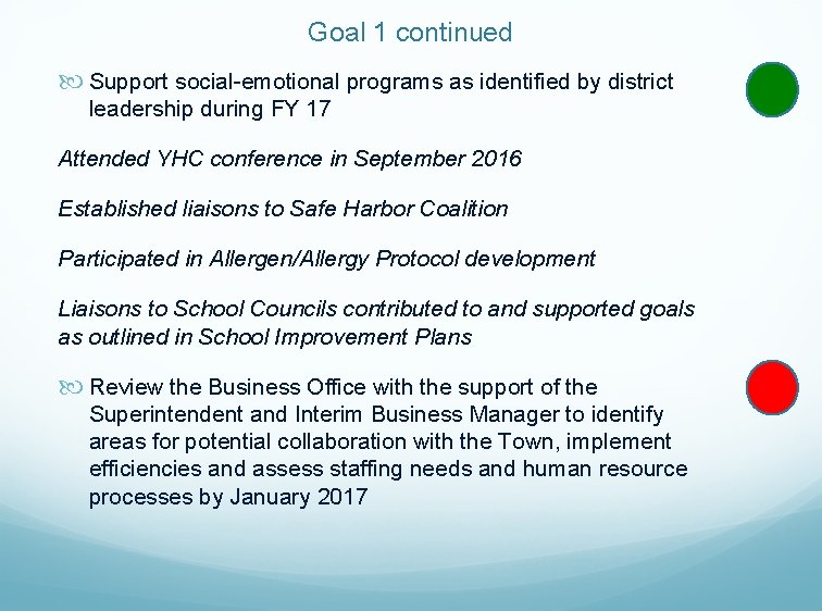 Goal 1 continued Support social-emotional programs as identified by district leadership during FY 17