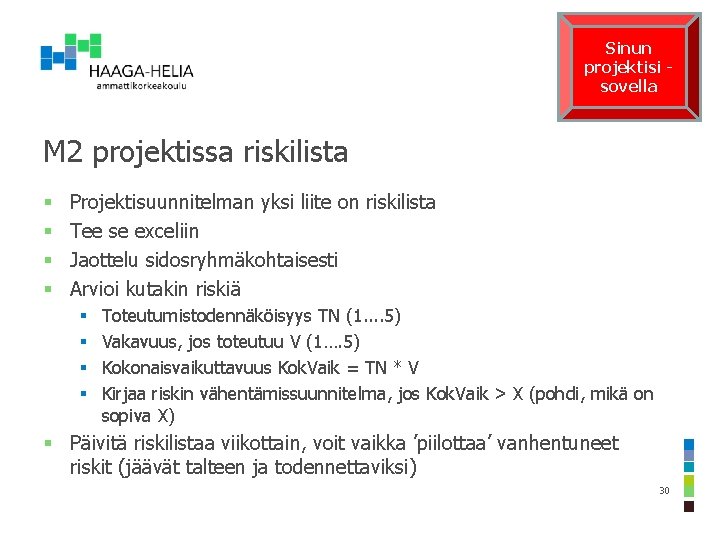 Sinun projektisi sovella M 2 projektissa riskilista § § Projektisuunnitelman yksi liite on riskilista