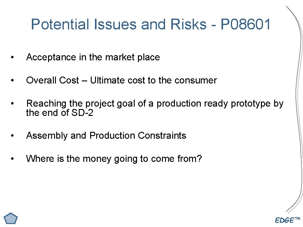 Potential Issues and Risks - P 08601 • Acceptance in the market place •