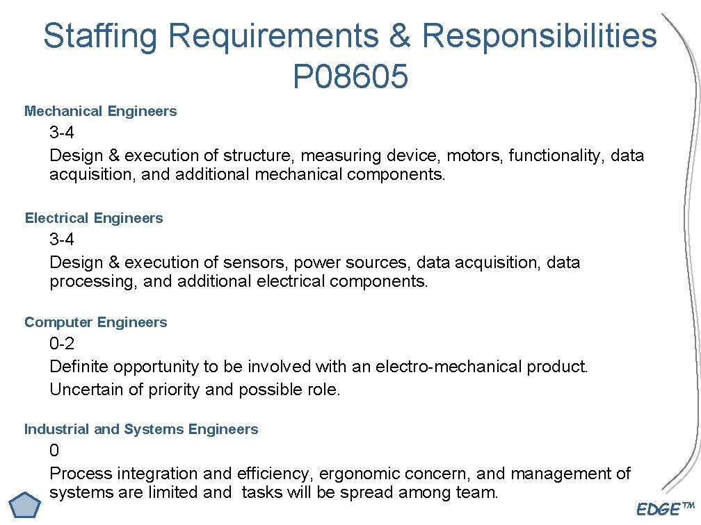 Staffing Requirements & Responsibilities P 08605 Mechanical Engineers 3 -4 Design & execution of
