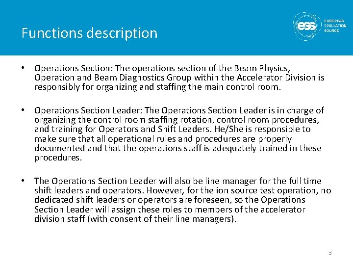 Functions description • Operations Section: The operations section of the Beam Physics, Operation and