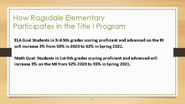 How Ragsdale Elementary Participates in the Title I Program ELA Goal Students in 3