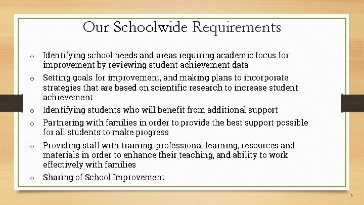 Our Schoolwide Requirements o Identifying school needs and areas requiring academic focus for improvement