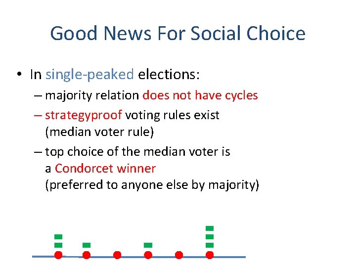 Good News For Social Choice • In single-peaked elections: – majority relation does not