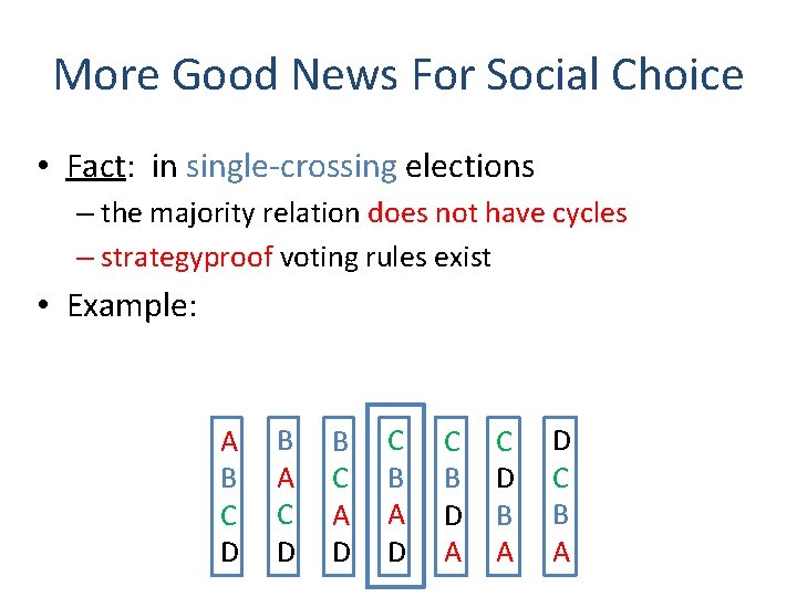 More Good News For Social Choice • Fact: in single-crossing elections – the majority