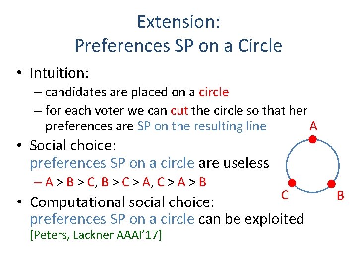 Extension: Preferences SP on a Circle • Intuition: – candidates are placed on a