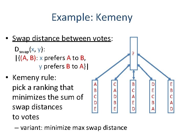 Example: Kemeny • Swap distance between votes: Dswap(x, y): |{(A, B): x prefers A