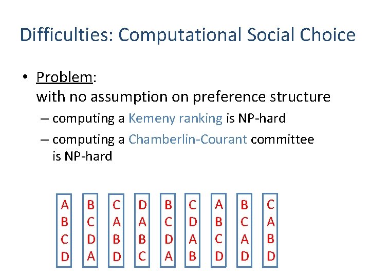 Difficulties: Computational Social Choice • Problem: with no assumption on preference structure – computing