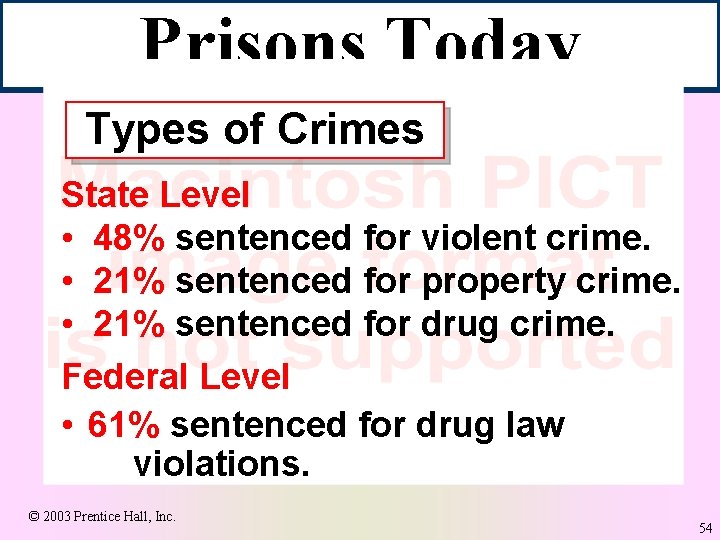 Prisons Today Types of Crimes State Level • 48% sentenced for violent crime. •