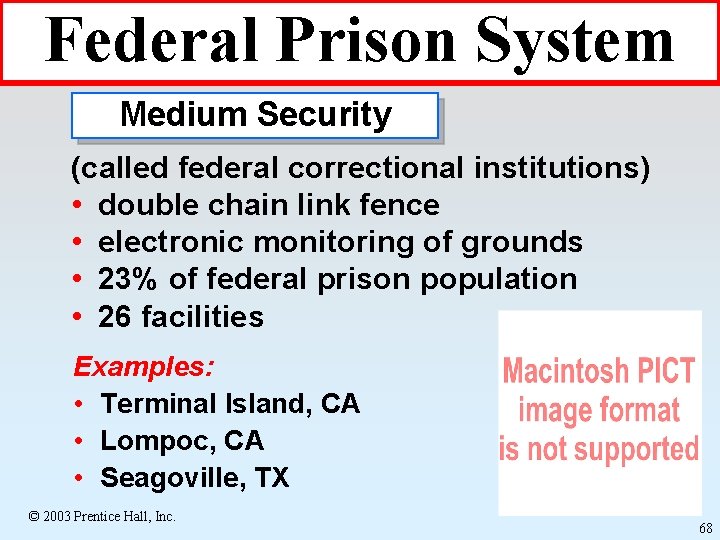 Federal Prison System Medium Security (called federal correctional institutions) • double chain link fence