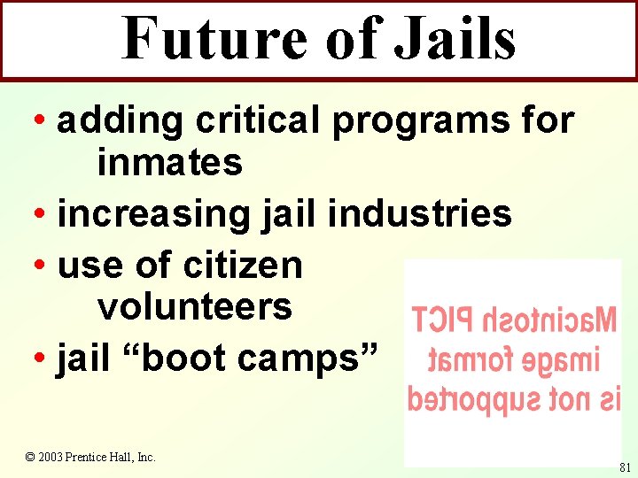 Future of Jails • adding critical programs for inmates • increasing jail industries •