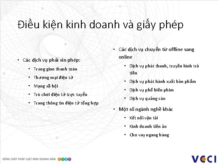 Điều kiện kinh doanh và giấy phép • Các dịch vụ phải xin phép: