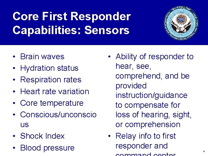 Core First Responder Capabilities: Sensors • • • Brain waves Hydration status Respiration rates