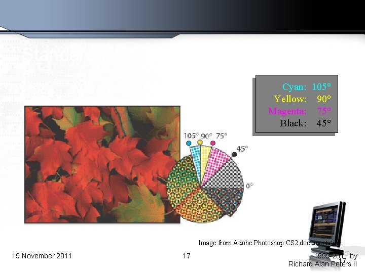 Standard Halftone Screen Angles Cyan: Yellow: Magenta: Black: 105° 90° 75° 45° Image from