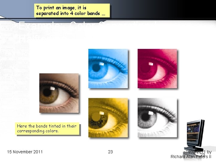 To print an image, it is separated into 4 color bands … Example: Color