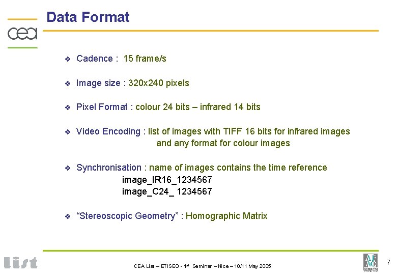 Data Format v Cadence : 15 frame/s v Image size : 320 x 240