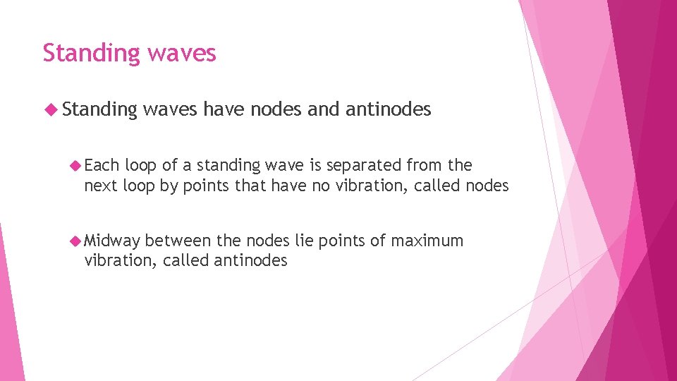 Standing waves have nodes and antinodes Each loop of a standing wave is separated