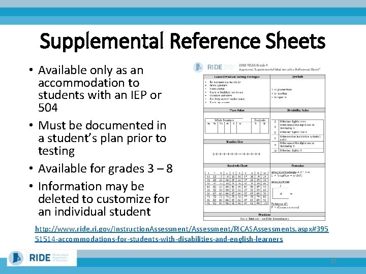 Supplemental Reference Sheets • Available only as an accommodation to students with an IEP