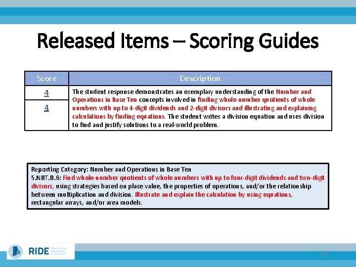 Released Items – Scoring Guides Score Description 4 The student response demonstrates an exemplary