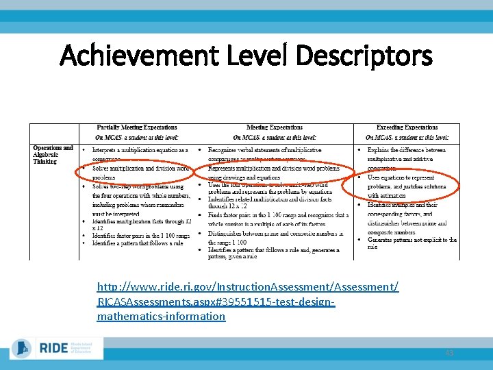 Achievement Level Descriptors http: //www. ride. ri. gov/Instruction. Assessment/ RICASAssessments. aspx#39551515 -test-designmathematics-information 43 