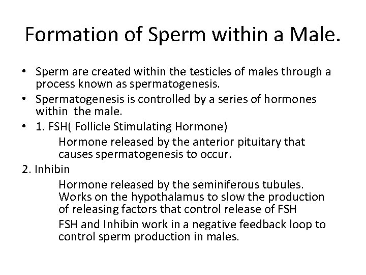 Formation of Sperm within a Male. • Sperm are created within the testicles of