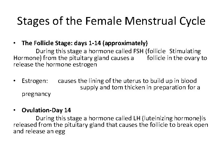 Stages of the Female Menstrual Cycle • The Follicle Stage: days 1 -14 (approximately)